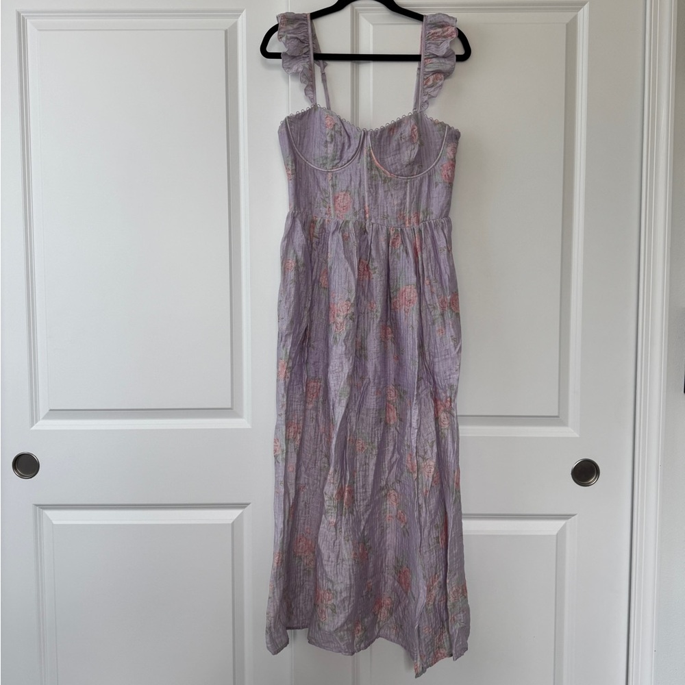 Altar'd State Maria Floral Lavender Corset Ruffle Maxi Dress